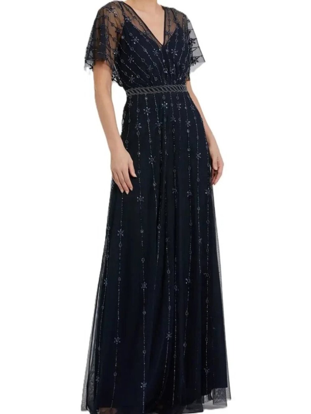 Mac Duggal Midnight Blue V Neck Embellished Flutter Sleeve Gown